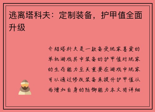 逃离塔科夫：定制装备，护甲值全面升级