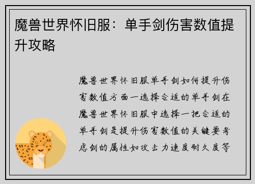 魔兽世界怀旧服：单手剑伤害数值提升攻略